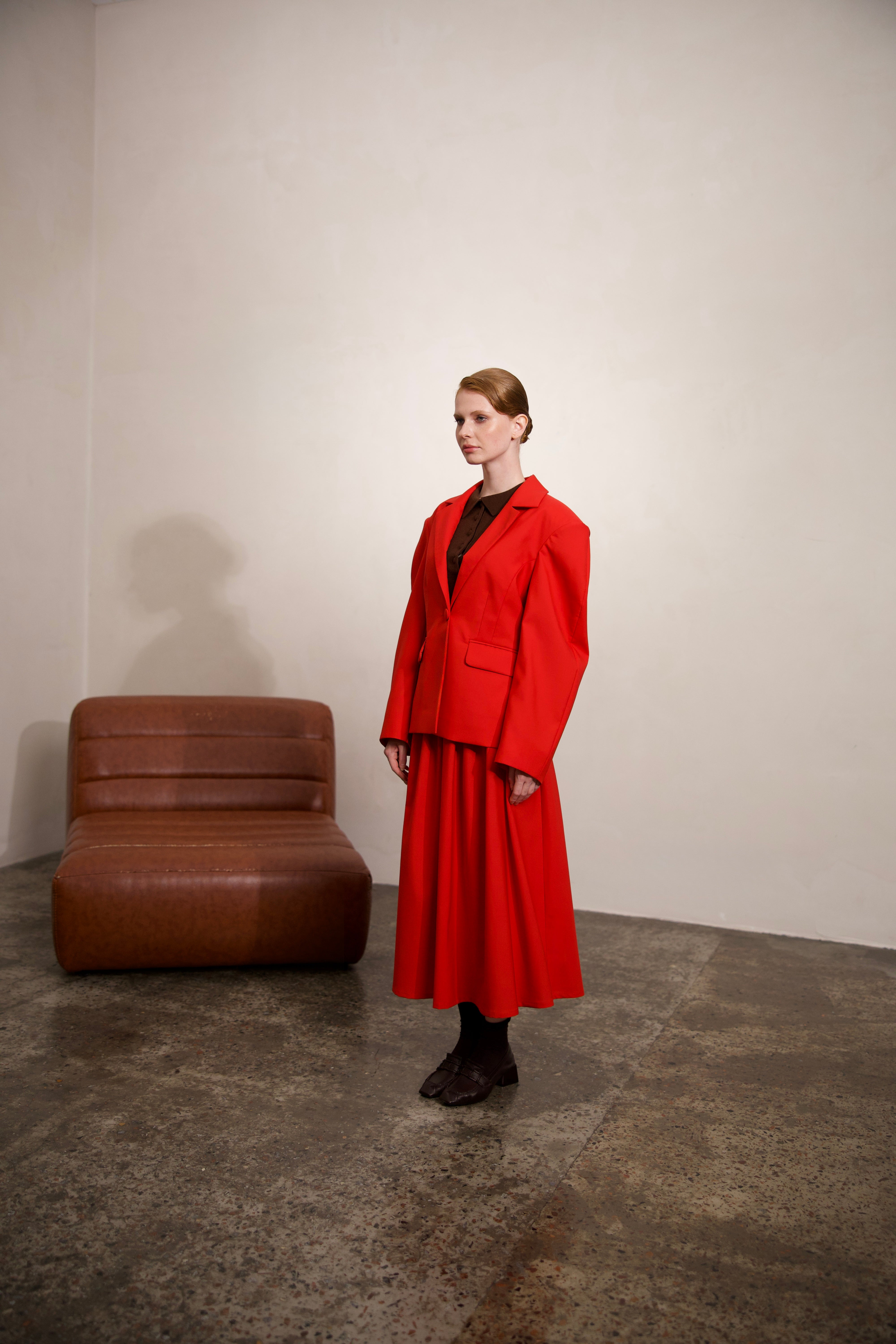 RED PURE WOOL PLEATED SKIRT