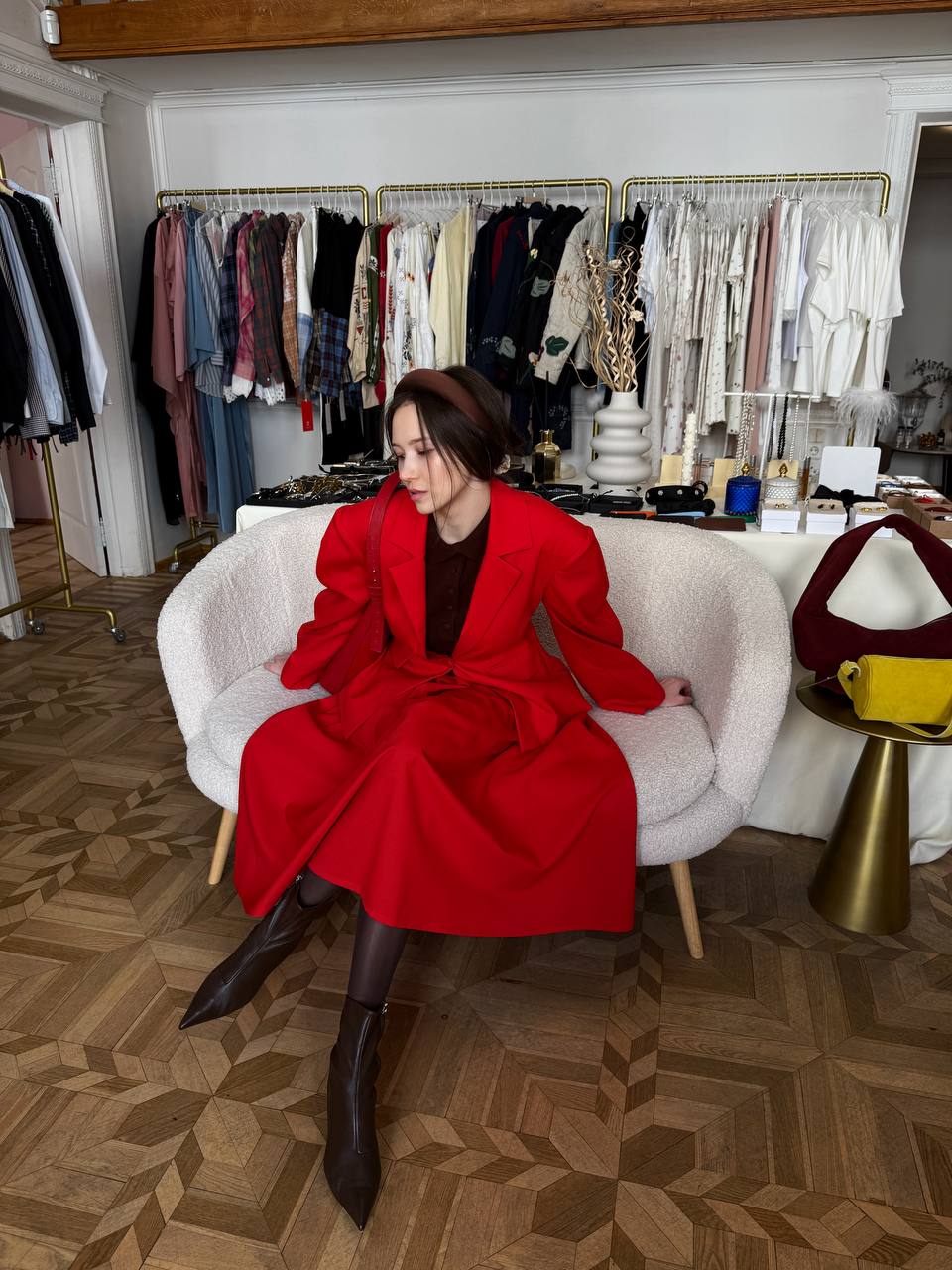 RED PURE WOOL PLEATED SKIRT