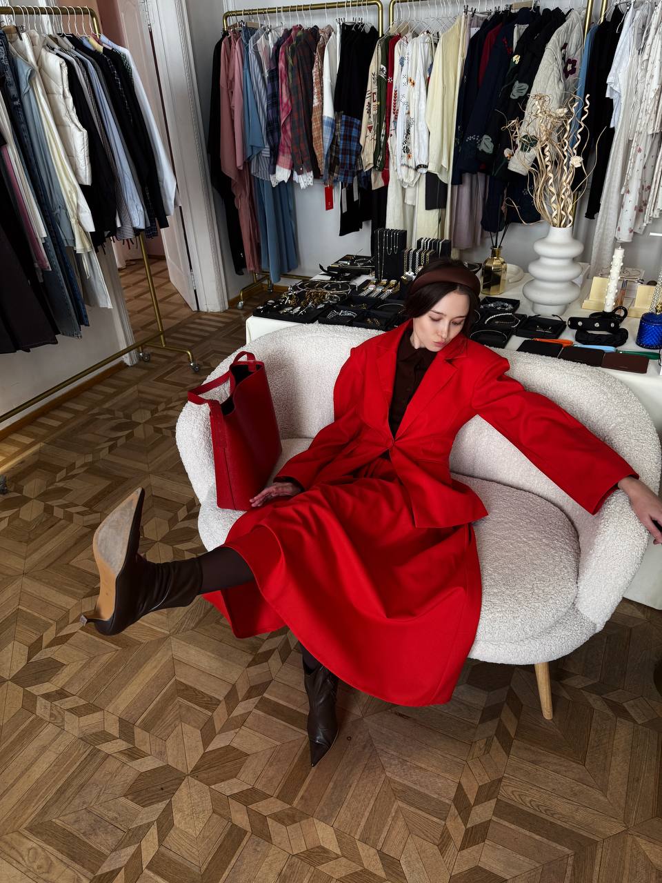 RED PURE WOOL PLEATED SKIRT