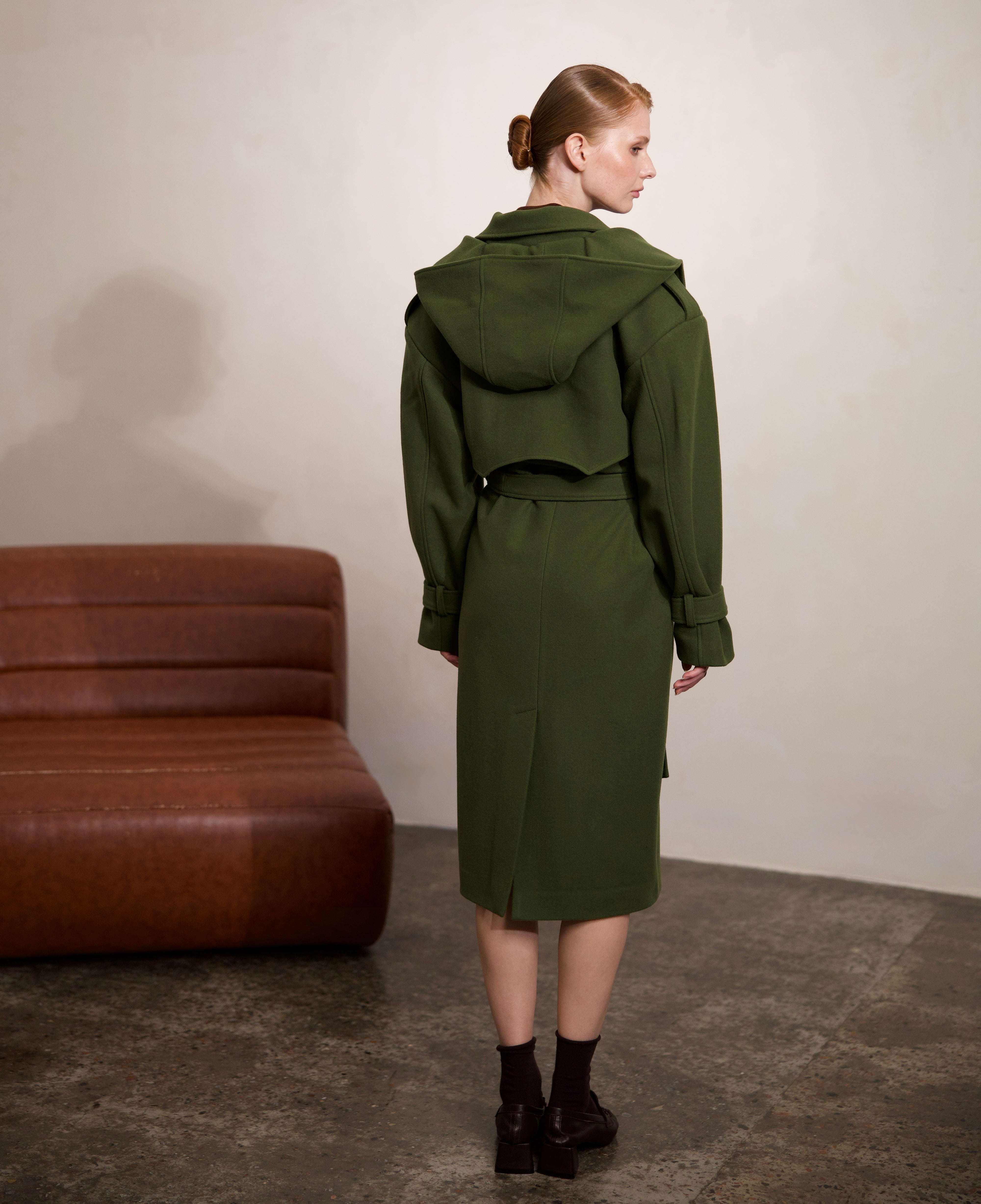 Wool Double-Breasted Overcoat with Detachable Hood