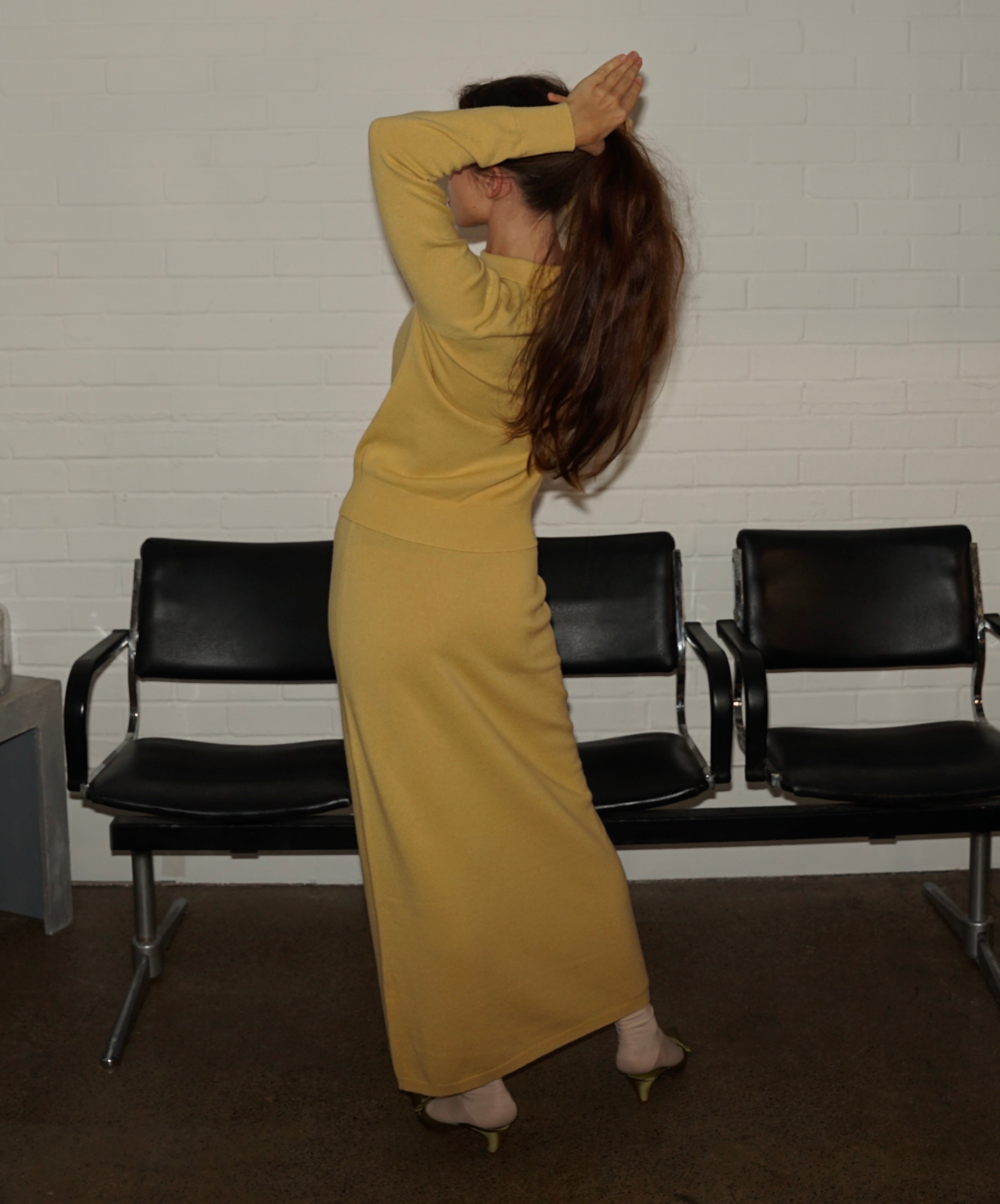 Merino Knitted Midi-Length Skirt - Mustard Yellow