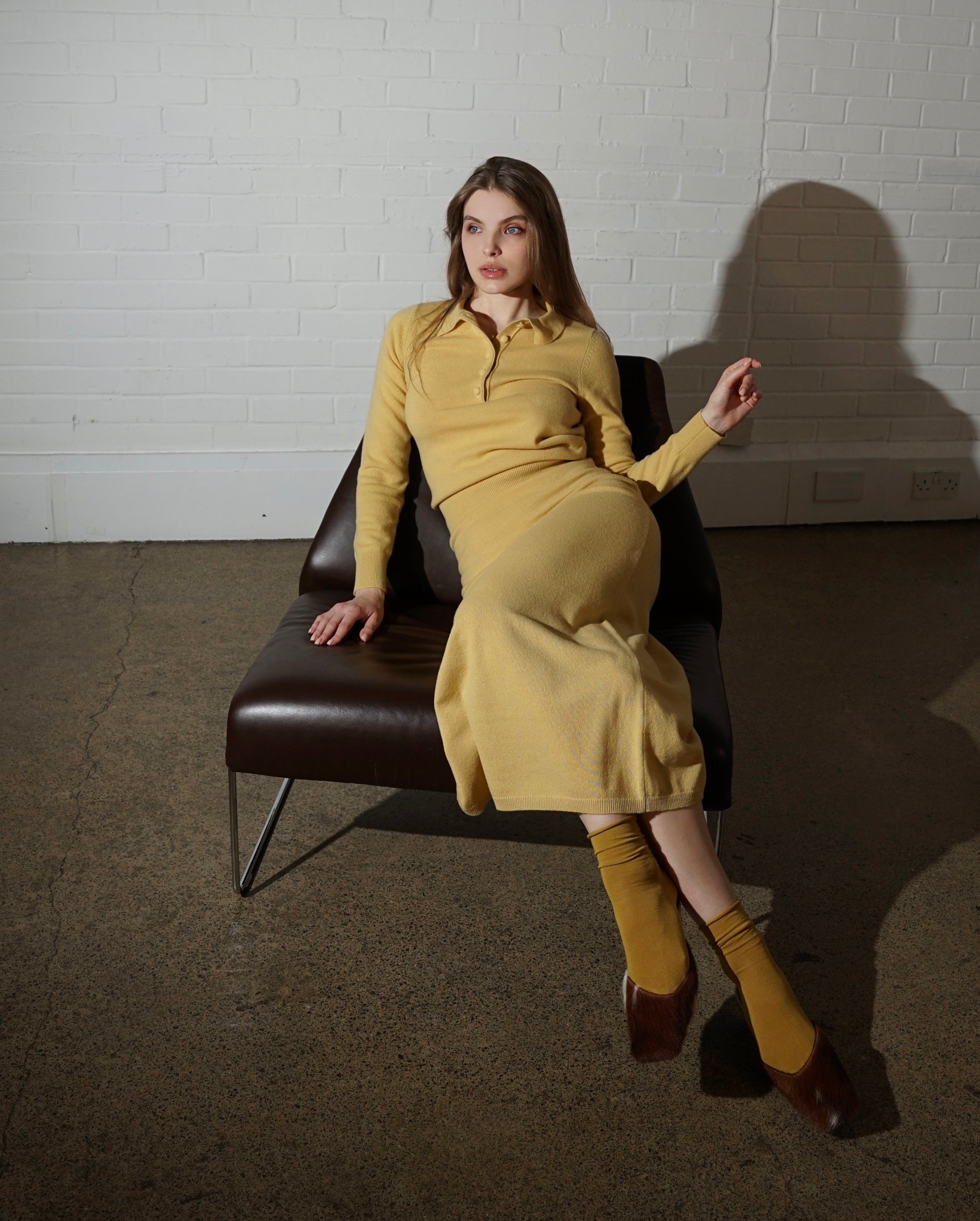 Merino Knitted Midi-Length Skirt - Mustard Yellow