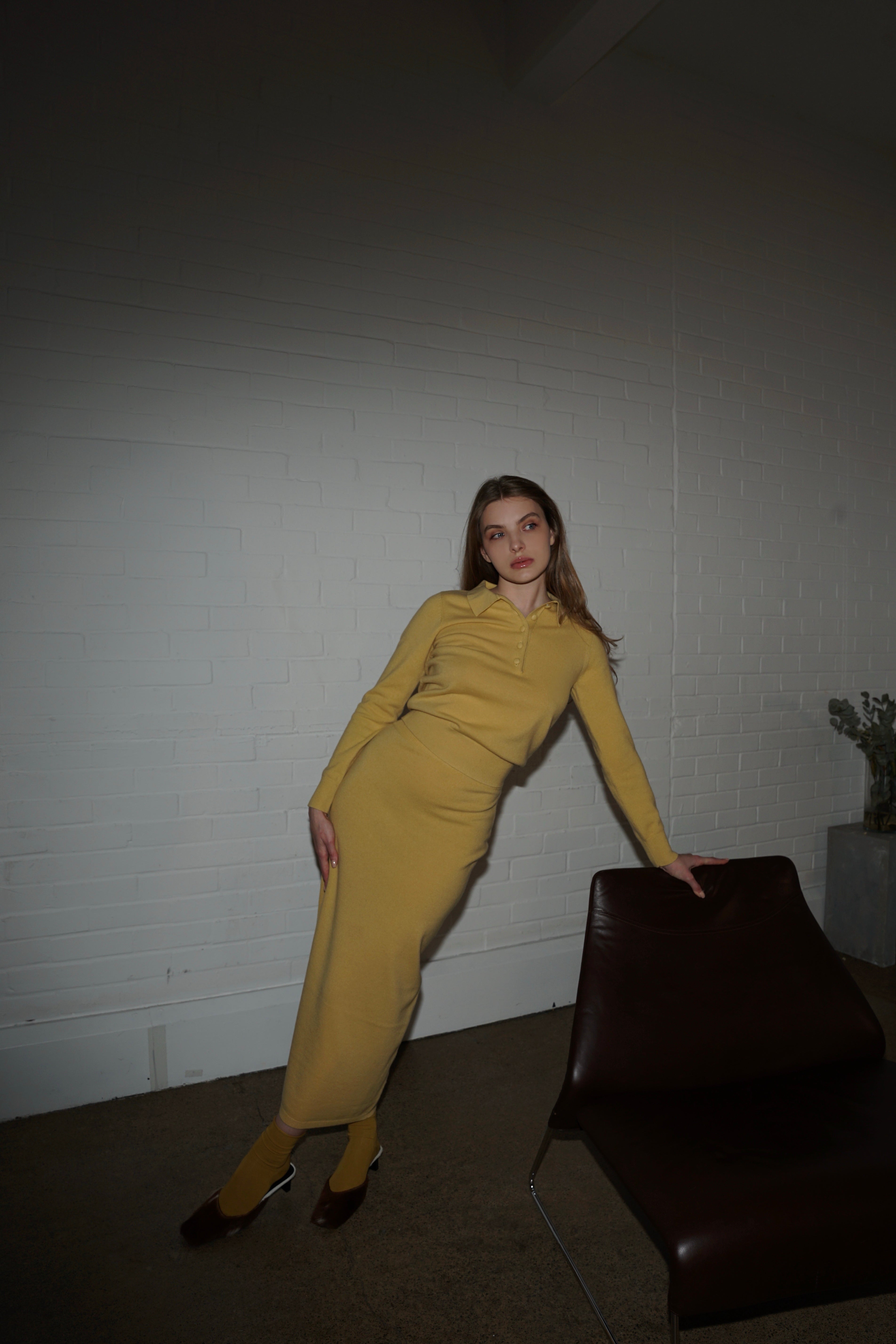 Merino Knitted Midi-Length Skirt - Mustard Yellow