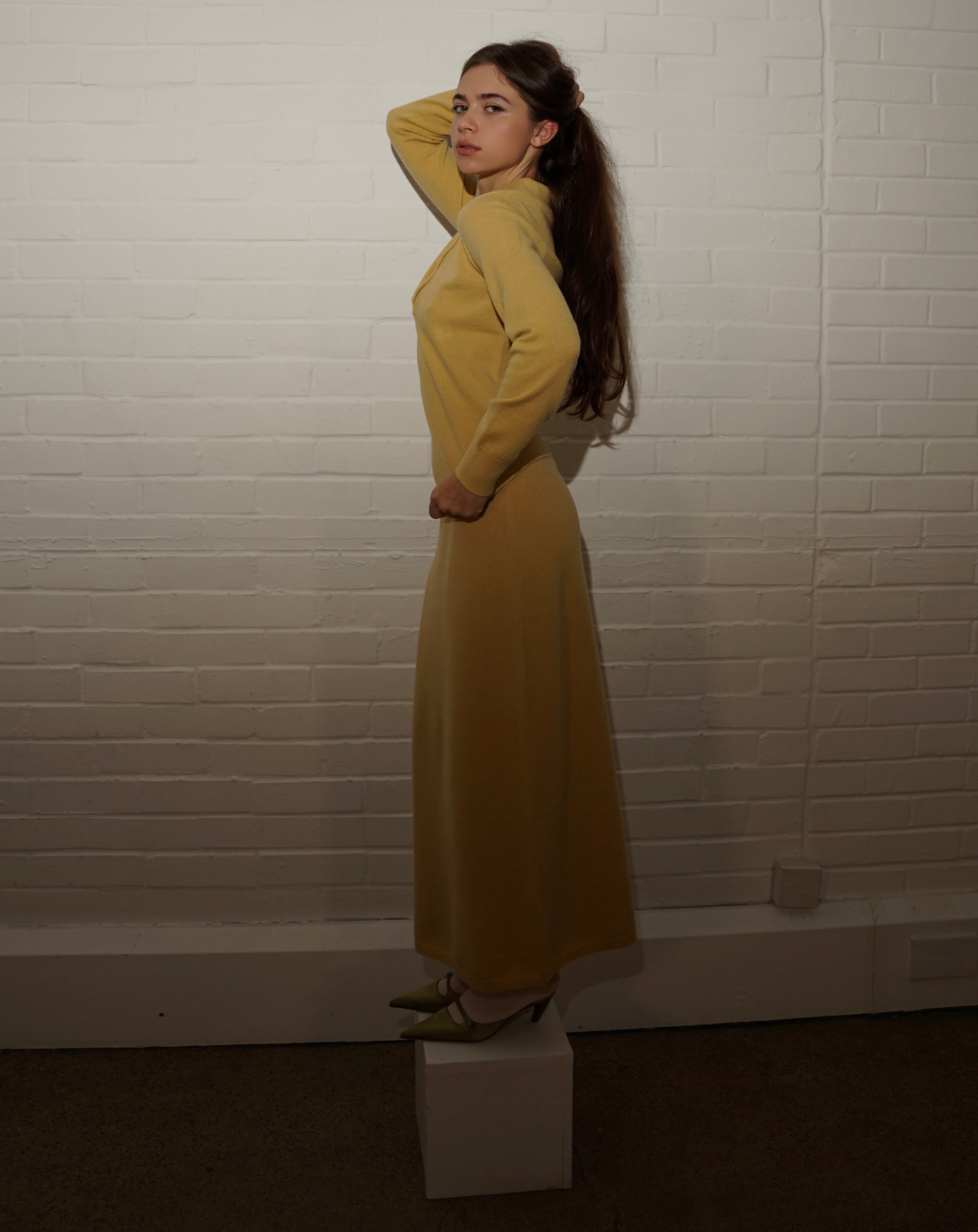 Merino Knitted Midi-Length Skirt - Mustard Yellow